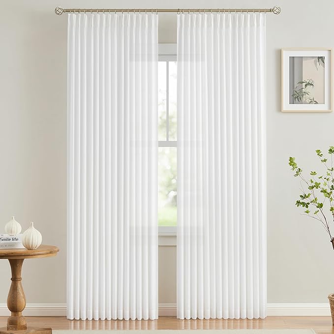 Vision Home White Pinch Pleated Semi Sheer Curtains Textured Light Filtering Window Curtains 90 inch for Living Room Bedroom Rayon Blended Pinch Pleat Drapes with Hooks 2 Panels 40" Wx90 L