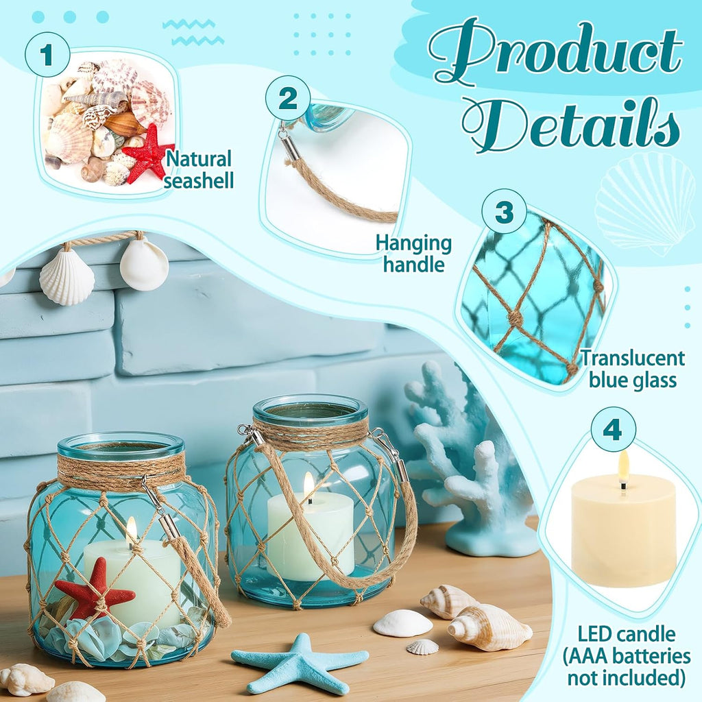 2 Set of Nautical Candle Lanterns, Coastal Beach Decor Blue Glass Jars with Rope Handle, Flameless LED Candles and Sea Shells for DIY Room Centerpiece Bathroom Ocean Decoration