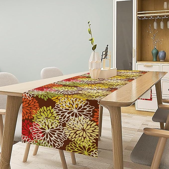 Brown Dahlia Floral Table Runner, Seasonal Autumn Thanksgiving Pattern Print for Home Kitchen Table Decor Dining Coffee Room Party Decor 13x90 Inch