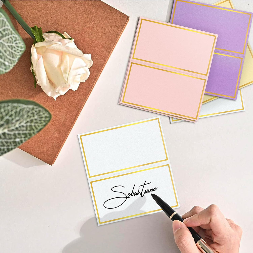 Gold Foil Place Cards for Table Setting，100PCS Table Name Cards | Pearled Tent Cards,250gsm Avery Table Cards for Wedding,Party Buffet, Reserved Seating Sign,Meeting,Banquets, Peach Pink