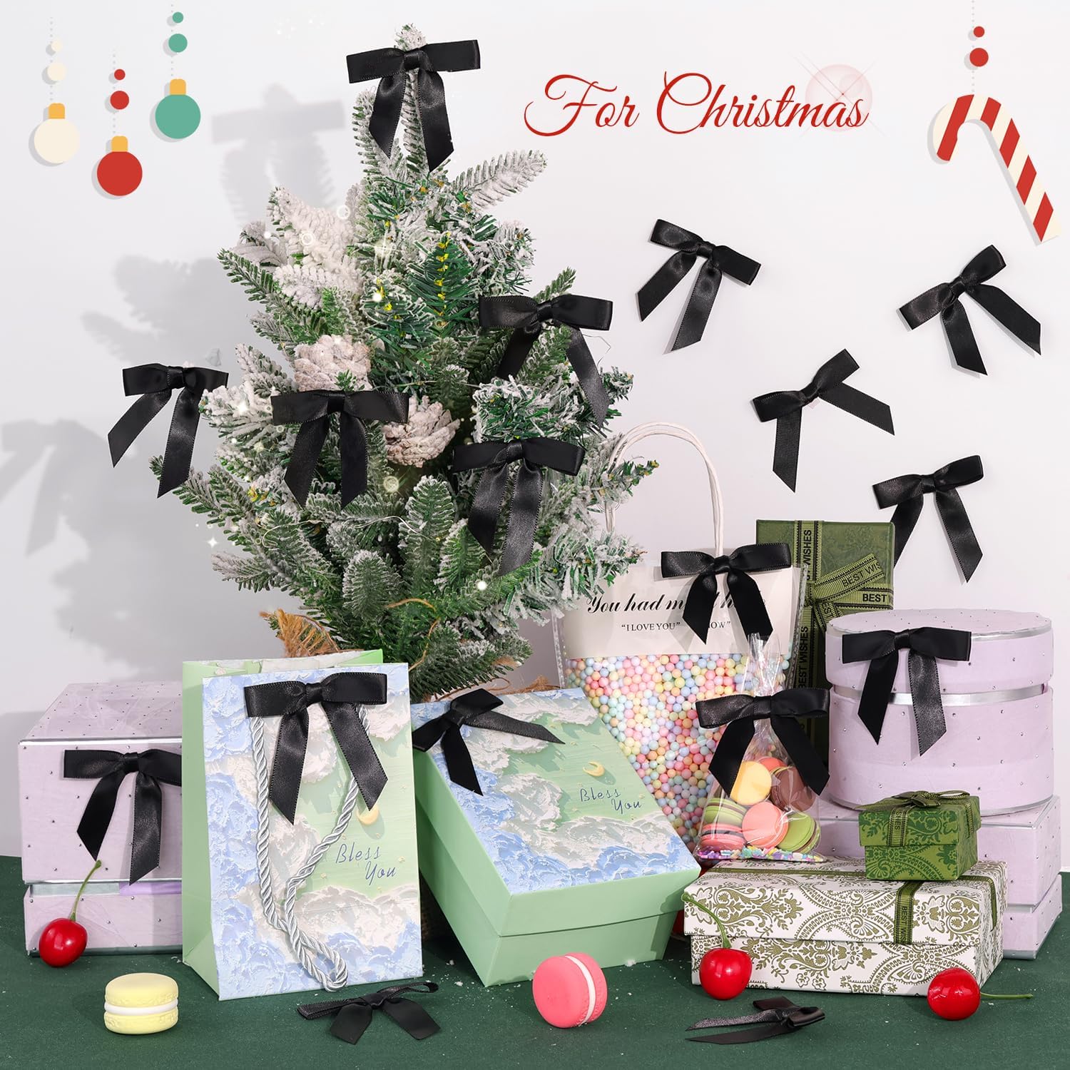 55PCS Tinkrstuff Black Bows for Crafts, 2.68" Satin Ribbon Bow for Clothes Ornament, Fabric Bows for Party Decor, Cute Christmas Tree Bows &Thanksgiving Gifts Wrapping Treats Balloons (with Twist Tie)