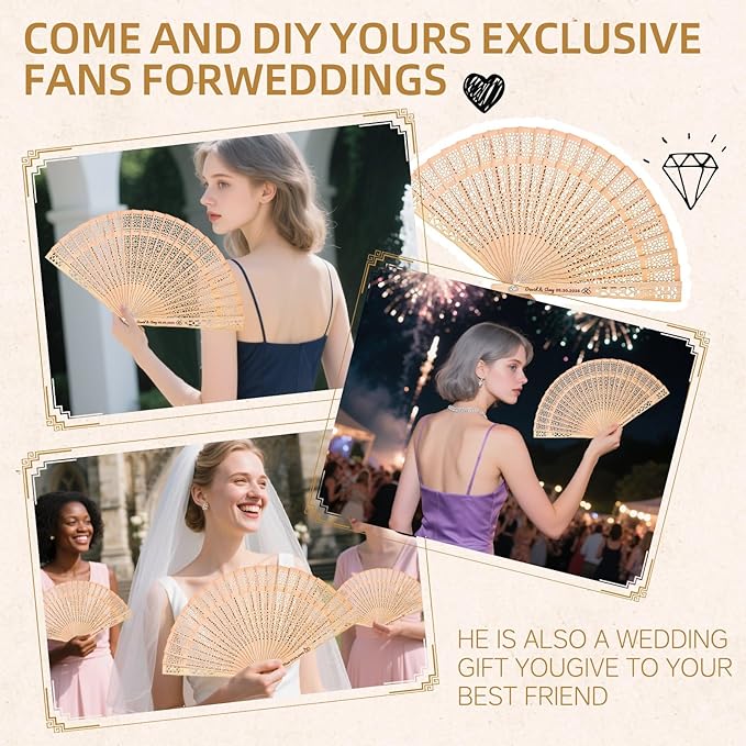 50pcs Personalized Wedding Fans for Guests - Custom Wooden Hand Fans with Names/Dates - Bulk Wedding Favors for Bridal Shower, Baby Shower & Parties (Wood, 50pcs)