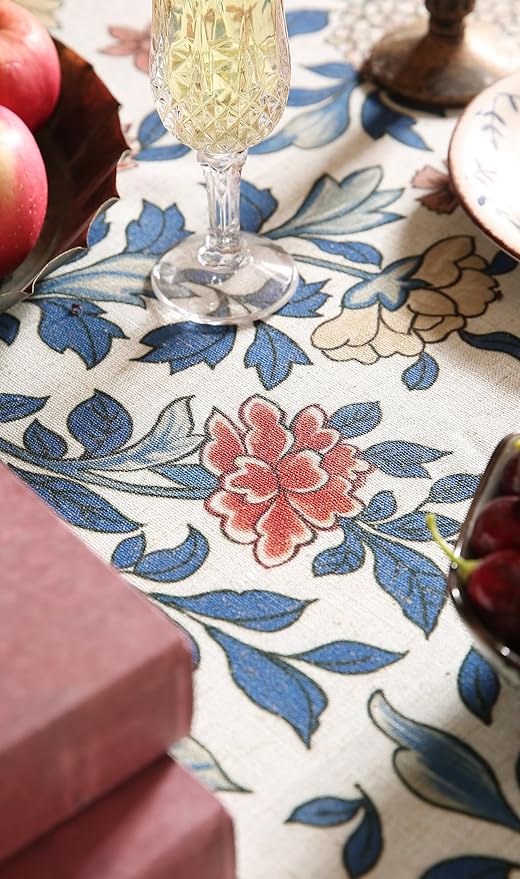 patdrea Designer Blue Tablecloth for Rectangle Table,Vintage Linen with Leaves and Floral Pattern Tablecloths,Farmhouse Decor Cover for Kitchen Dining Christmas,Thanksgiving,55"x79"-Ivar a