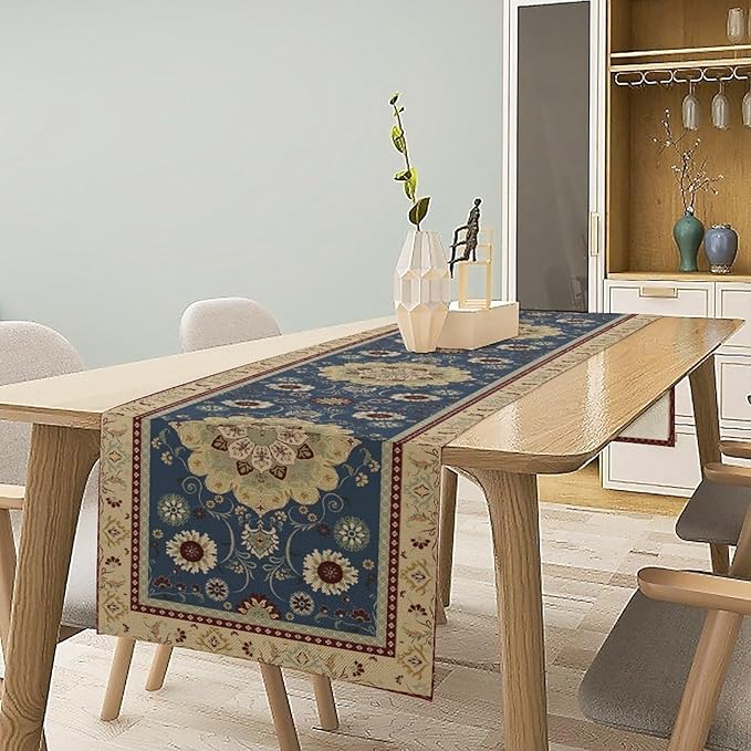 Vintage Boho Floral Table Runner, Elegant Rustic Country Farmhouse Blue Yellow Retro Flower Pattern for Home Kitchen Table Decor Dining Coffee Room Party Decor 13x90in