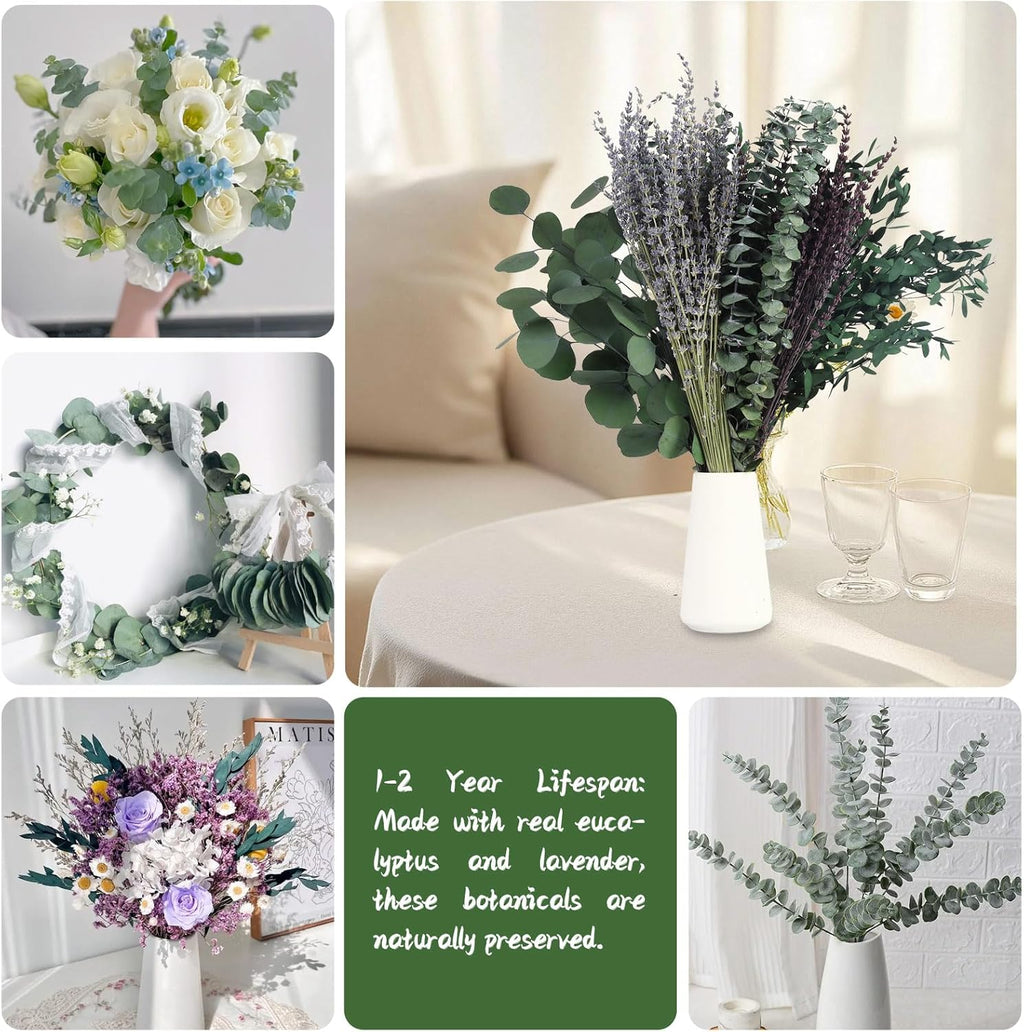 120+ Pcs Mixed Dried Eucalyptus & Lavender Flowers for Shower, Preserved Natural Eucalyptus Leaves for Wall Hanging, Plant Fragrance, Dried Florals for Vase Fillers, Wedding, Green Bathroom Decor