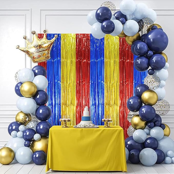 2 Pack Blue Red Gold Foil Fringe Backdrop Curtains, Tinsel Streamers Party Decorations, Fringe Backdrop, Door Shimmer for Birthday Party
