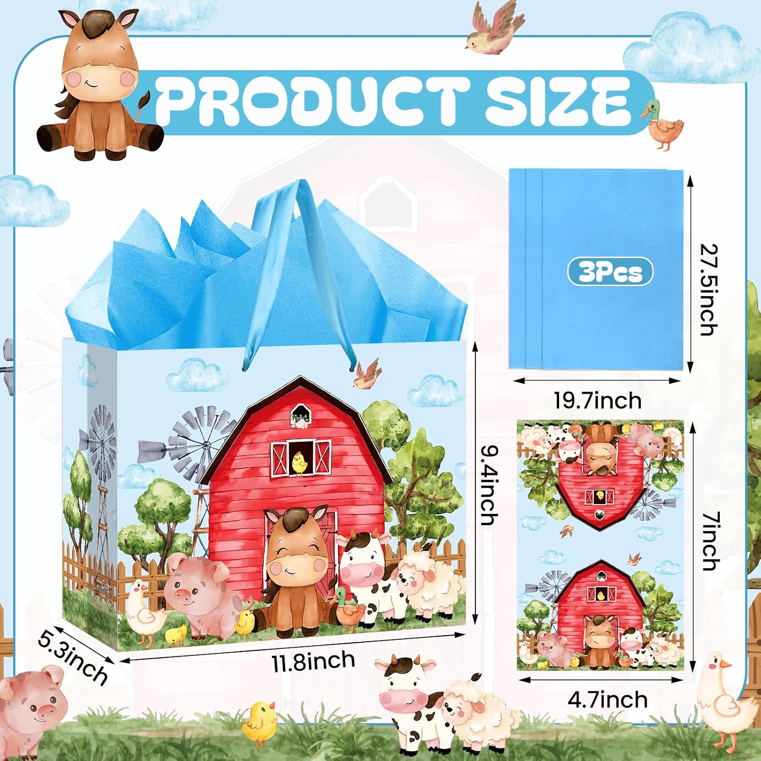 Farm Animals Theme Birthday Gift Bag for Boys Baby Shower Blue Farmhouse Barnyard Gift Bag Wrapping Paper Card Large Cows Pigs Gifts Bag for Baby Shower Farm Birthday Party Favors Supplies