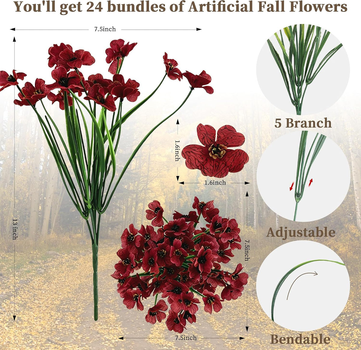 coloplay 24 bundles burgundy artificial flowers for outdoors, close-up detail