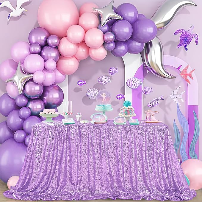 QueenDream Tablecloth 90x156 Rectangle Sequin Tablecloth Lavender Wedding Table Linens Glitter Birthday Bridal Party Indoor Outdoor Decorations
