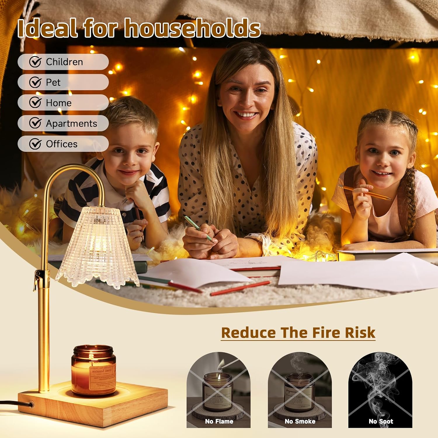 Candle Warmer Lamp with Timer Dimmer, Adjustable Height Electric Candle Warmer with 2 Bulbs, Wax Warmer for Home Decor, GIFS for Mother Day, Christmas, Wooden Based