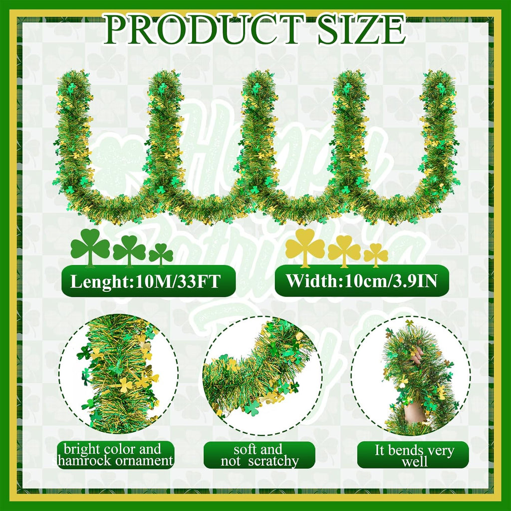 33FT St.Patrick's Day Tinsel Garland Shamrock Clover Green Golden Metallic Twist Tinsel Garland Hanging Foil Garland for St. Patrick's Day Irish Festival Party Indoor Outdoor Decoration