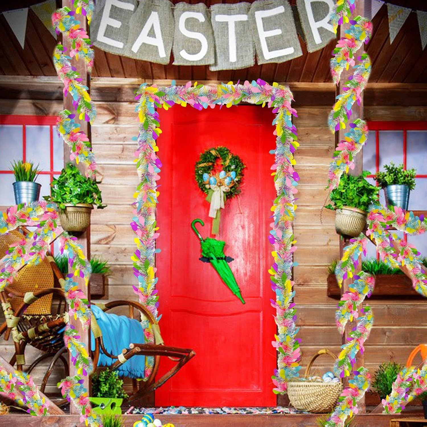 TURNMEON 5 Strings Total 75 Ft Easter Tinsel Garlands Decorations with Colorful Easter Eggs Metallic Streamers Hanging Fringe Garland Easter Decorations Outdoor Indoor Home Party, Each 15 Ft by 6"