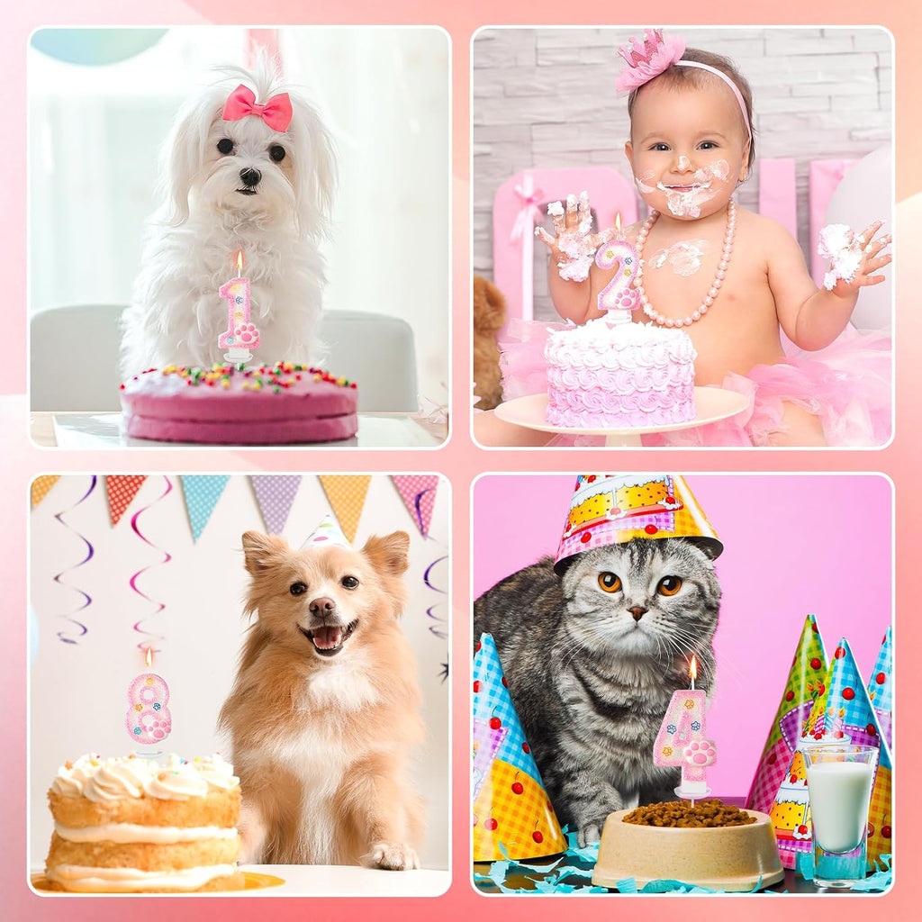 AKURIEEY Dog and Cat 1st Birthday Candle Pink Numbers 1 Candle Paw Cake Topper Cupcake Decorations for Pet Theme Party Decor Anniversary Celebrations Supplies