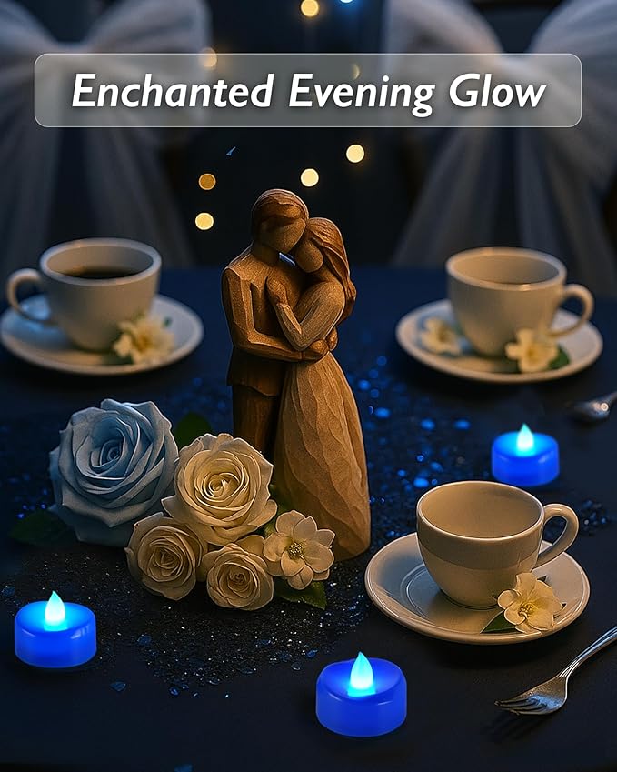 Raycare Blue LED Tea Lights Battery Operated, 200+Hour Flickering Votive Candles,Realistic Fake Flameless Tea Lights for Wedding Party Halloween Thanksgiving Christmas Decorations, 24 Pack