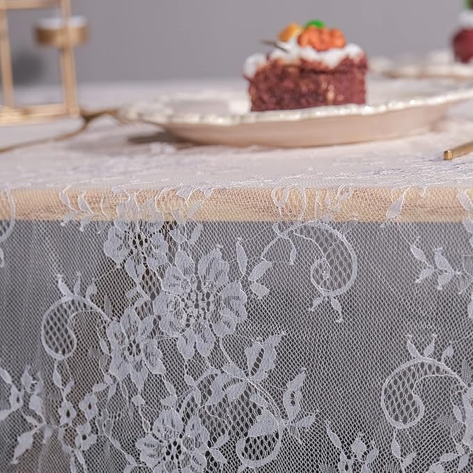 TINWIN Rectangle Lace Tablecloth 60x120 Inch White Vintage Runner Eyelash Fabric for Kitchen Dining Picnic Table Wedding Decor for Home Decoration Tea Party Decor-3
