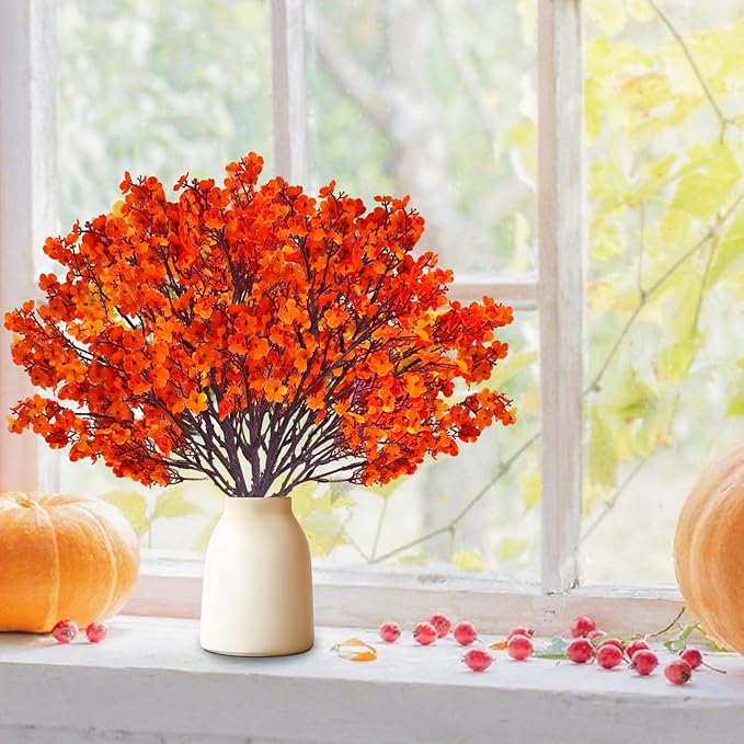 12PCS Fake Fall Flowers Orange Baby Breath Artificial Flowers Real Touch Silk Floral Arrangement Thanksgiving Autumn Table Centerpieces Home Kitchen Decor