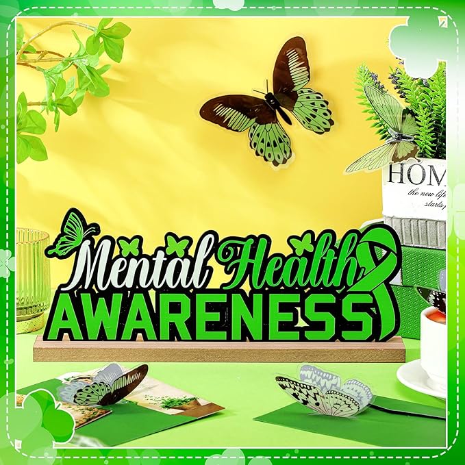 Mental Health Awareness Metal Sign Rustic Table Decor Holiday Tiered Tray Decor with Wooden Base Freestanding Metal Word Sign for Home Tabletop Centerpiece Mantel Shelf Fireplace