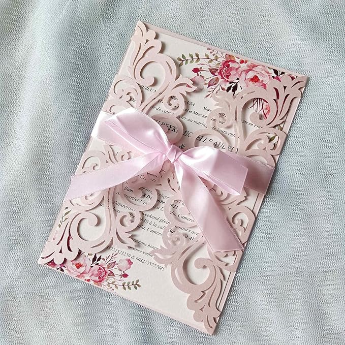 25PCS Blush Pink Laser Cut Wedding Invitations Cards with Envelopes,Blank Inner Sheets,Ribbons for Wedding Bridal Shower Quinceañera Engagement Birthday Invites