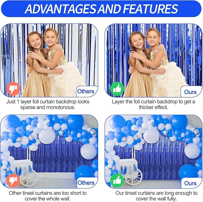 Crosize 8 Pack 3.3 x 9.9 ft Dark Blue Foil Fringe Curtains Party Decorations, Dark Blue Tinsel Curtain Backdrop for Parties, Door Streamers, Glitter Streamer Backdrop for Birthday Decoration