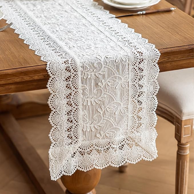 White Elegant Vintage Lace Table Runners,Wedding Lace Decor with Floral Embroidery,Tea Party Decor (White, 13.8X94.5 Inches)