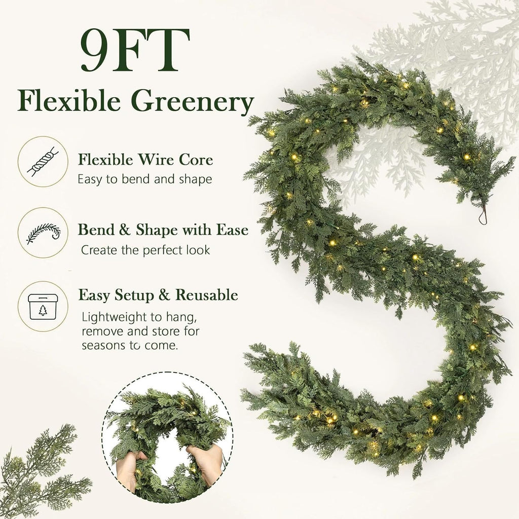 pre-lit christmas garland 9ft decorations real touch cedar showing dimensions