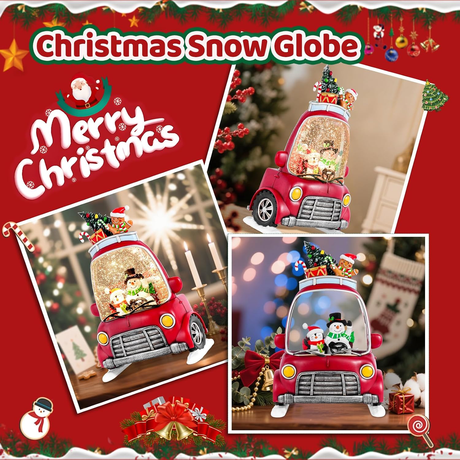 Christmas Snow Globe Lantern with 8 Holiday Music, Christmas Water Snow Globe USB/Battery Powered 6H Timer, Glitter Snowfall Snowman and Penguin Scene for Family Friends (Snowman Penguin)