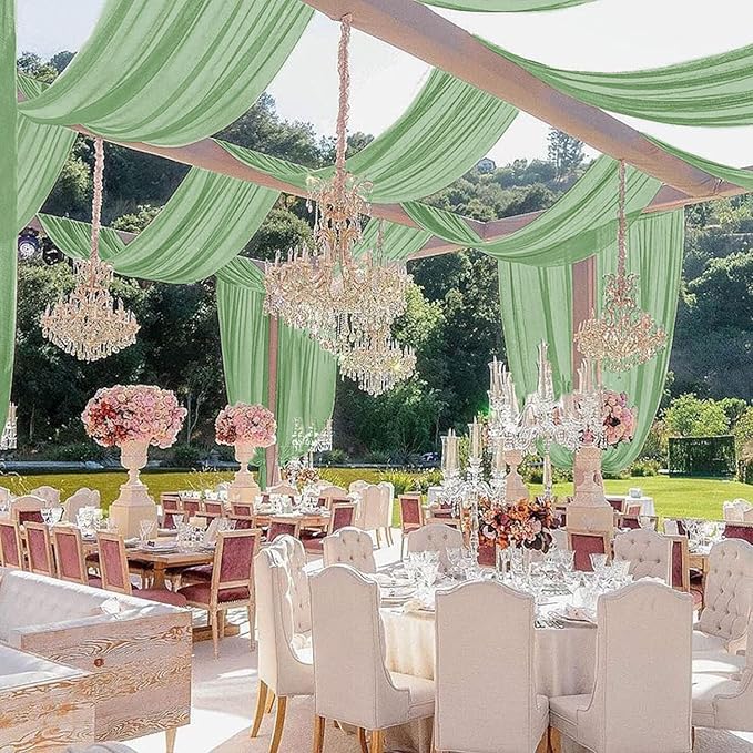 Ceiling Drapes Wedding Arch Drapes Chiffon Arch Draping 2 Panels 5x20 FT Sage Green Ceiling Decorations Sheer Backdrop Curtain for Parties Tulle Fabric Arbor Drapery Swag Ceiling Curtains for Events