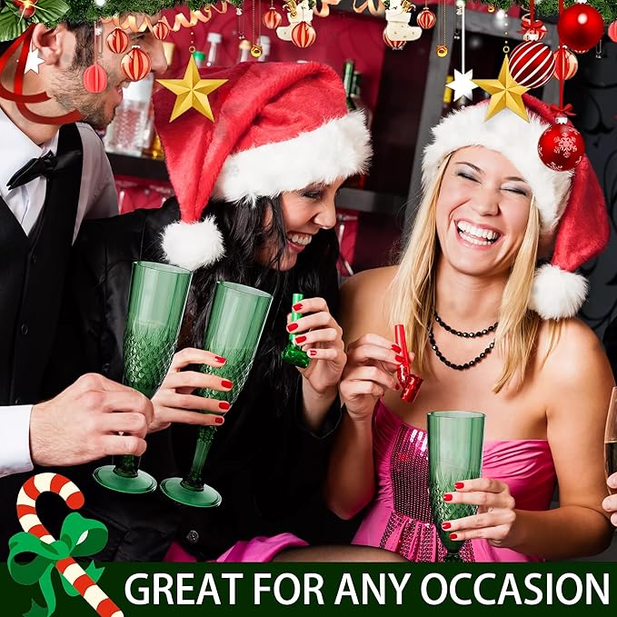 Plastic Champagne Flutes, 24PCS Dark Green Wine Glasses Goblets Cups Reusable Flute, for Christmas Weddings Bachelor Parties Toasting and Events(24, Dark Green)
