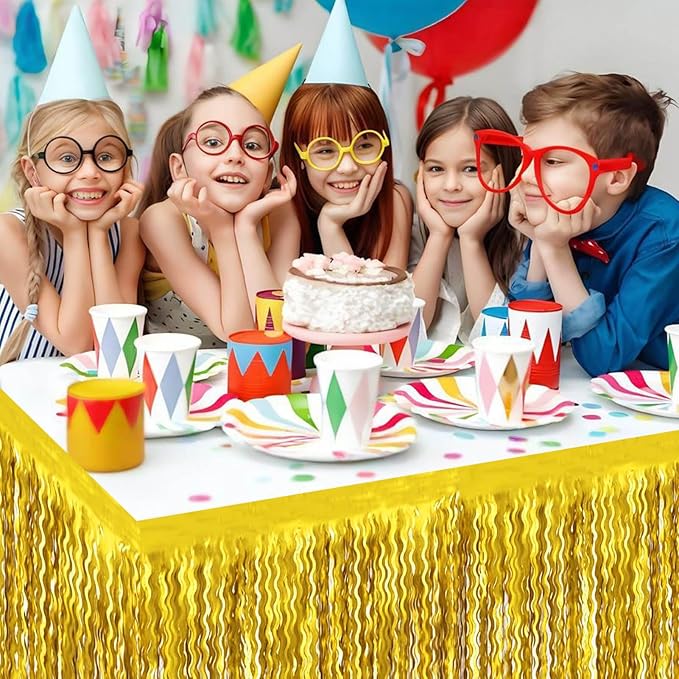 6 Pack 29x108 Inch Gold Wave Foil Fringe Table Skirts Metallic Banner for Tinsel Streamer Garland Backdrop for Parade Floats Wedding, Mother's Day, Birthday Mardi Gras Party Decorations
