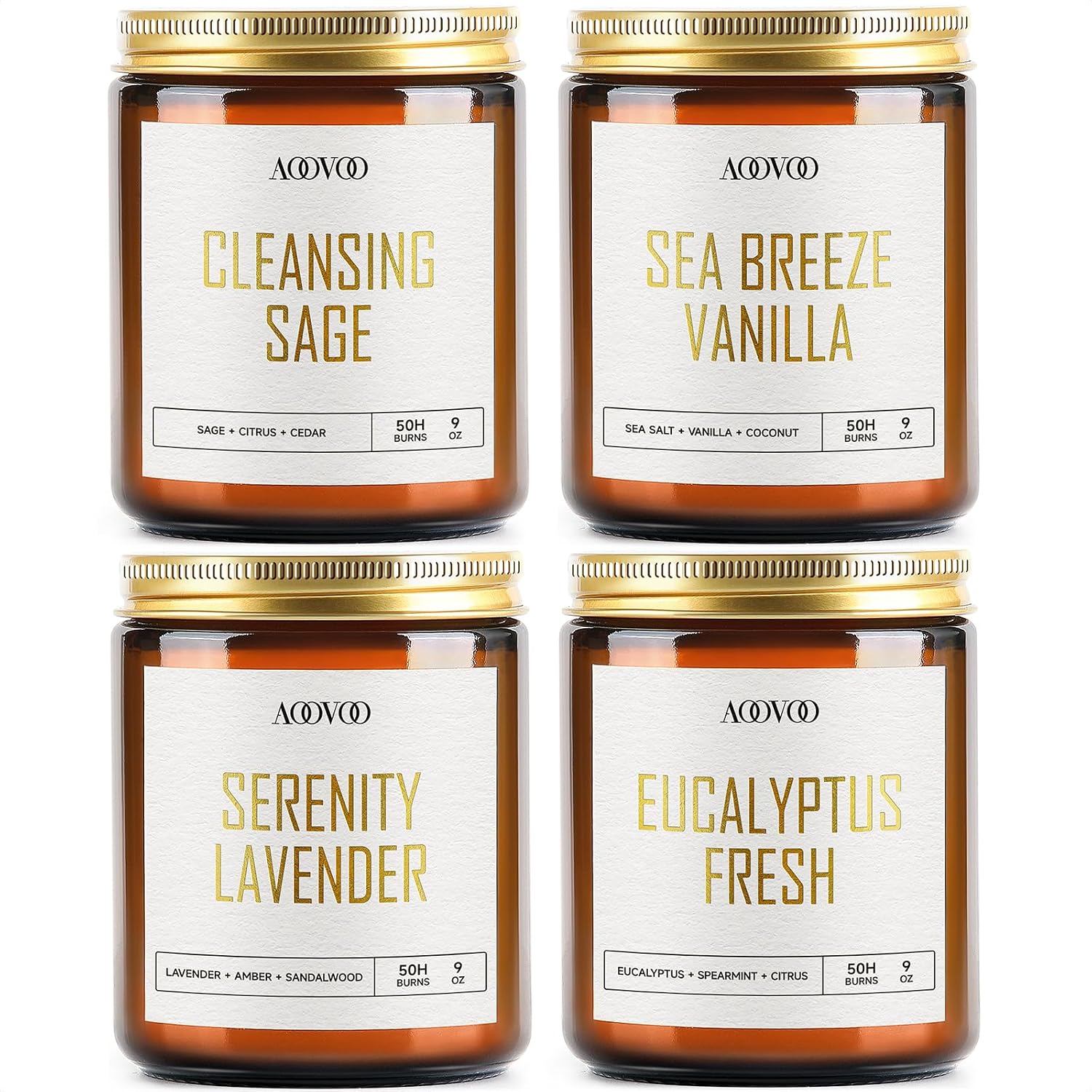 AOOVOO Scented Candles - 4PC Candle Set, 36 oz Soy Candles, Soy Candle for Home Scented, Lavender/Vanilla/Eucalyptus/Sage