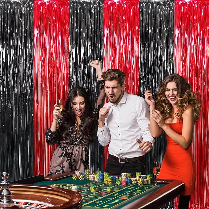 GOER 6.4 ft x 8.2 ft Metallic Tinsel Foil Fringe Curtains,Pack of 2 Party Streamer Backdrop for Birthday,Graduation Decorations and New Year Eve (Black&Red)