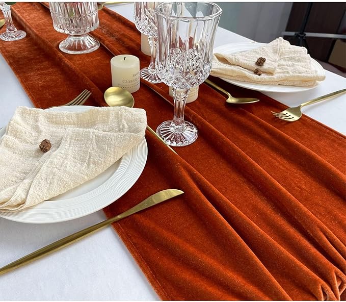 Luxurious Velvet Table Runner, 10ft Wedding Reception Decorations, 20x120inch Soft Velvet Fabric, Table Linen Overlay, Wedding Table Runners (Terracotta, 20X120inch, 5pack)