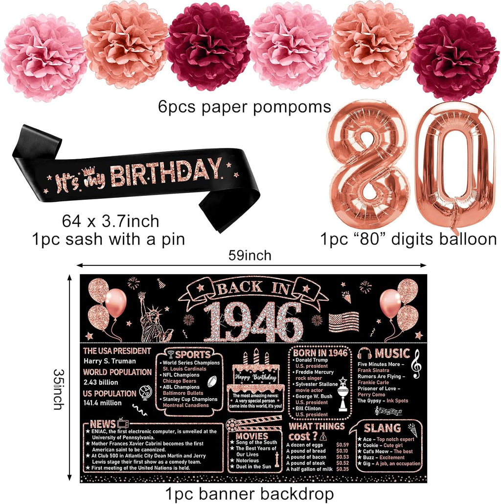 Zirtorei 80th Birthday Decorations for Women, 21pcs the Year 1946 Banner Balloon Party Supplies, Rose Gold 80 Year Old Birthday Backdrop, 80 Bday Honeycomb Centerpiece Hanging Swirls Sash Gifts