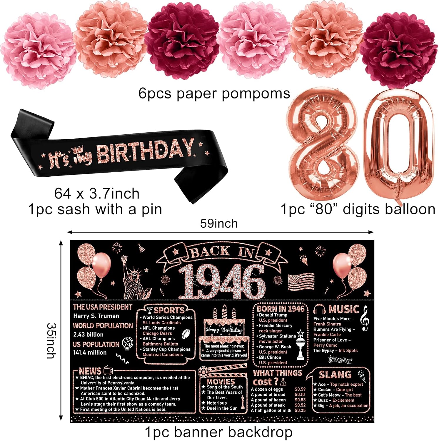 Zirtorei 80th Birthday Decorations for Women, 21pcs the Year 1946 Banner Balloon Party Supplies, Rose Gold 80 Year Old Birthday Backdrop, 80 Bday Honeycomb Centerpiece Hanging Swirls Sash Gifts