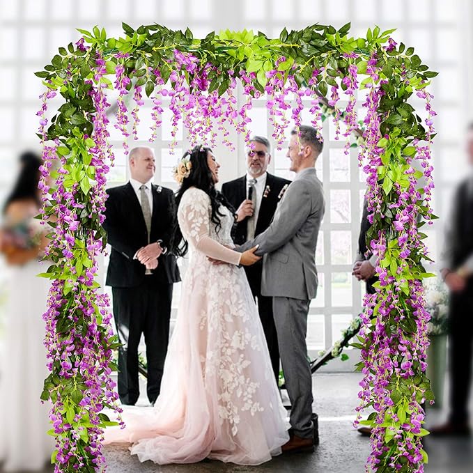DearHouse 4Pcs 6.6Ft/Piece Artificial Flowers Silk Wisteria Garland Artificial Wisteria Vine Rattan Silk Hanging Flower for Home Garden Outdoor Ceremony Wedding Arch Floral Decor
