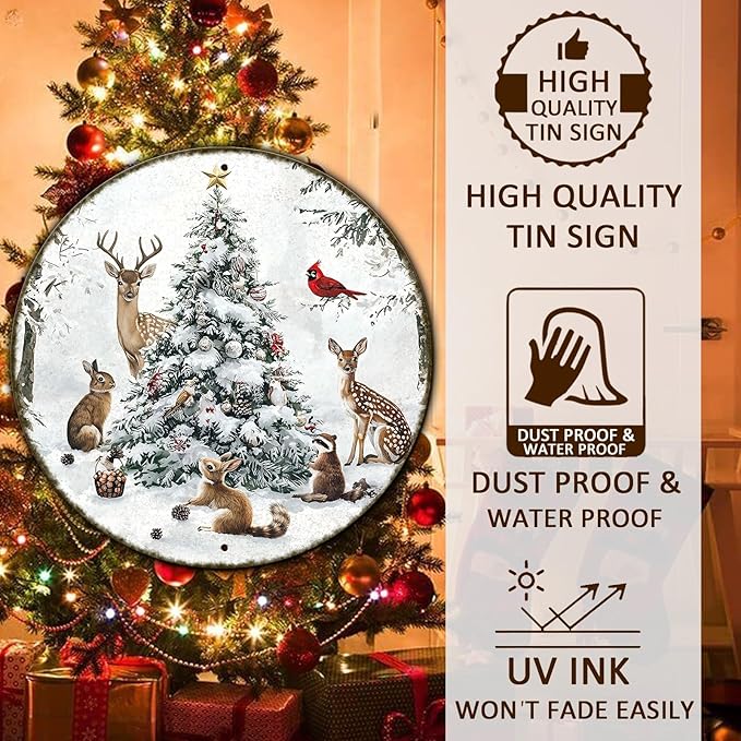 Round Christmas Snow Animals Metal Tin Sign - Vintage Christmas Tree & Winter Sign for Home & Outdoor Decorations - 12 * 12 in