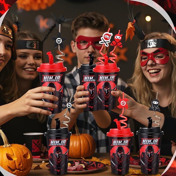 Yungyan 36 Sets Ninja Party Favors Goodie Cups with Lids and Straws for Birthday Decorations Reusable 16oz Plastic Candy Cups Plastic Straws for Birthday Party (Ninja)
