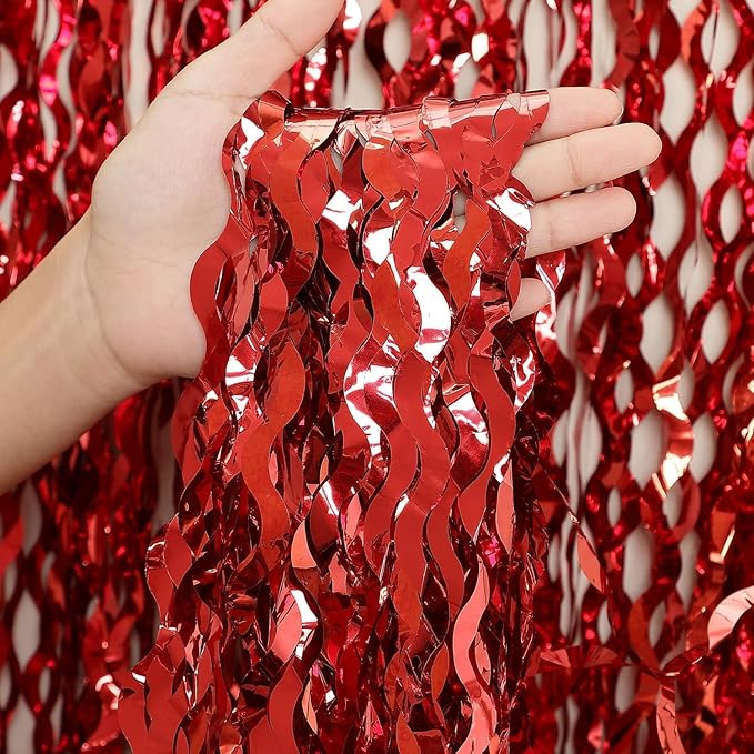 3 Pack Red Aluminium Foil Curtains, 3.3ft x 6.6ft, Wavy Shape, for Party Decorations & Photo Background