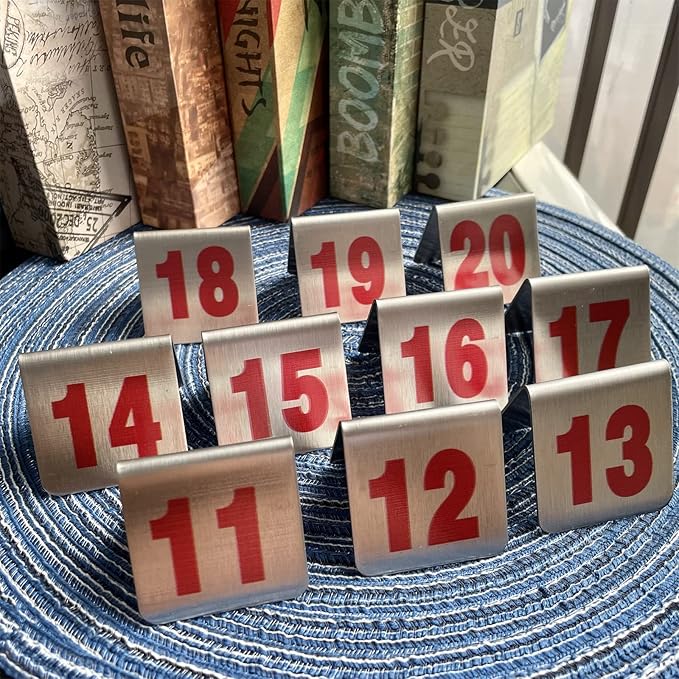 10 Pcs Metal Place Cards Stackable Tent Style Table Numbers，Place Card Holders for Celebration Wedding Party Restaurants Cafes Bars Gatherings meeting Room Board Game Serial (Small 11-20, Red)