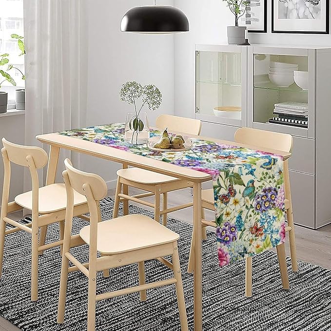 Brown Bird Floral Table Runner Spring Flower Kitchen Table Decoration Suitable for Family Dinner Decoration 13x70 Inch