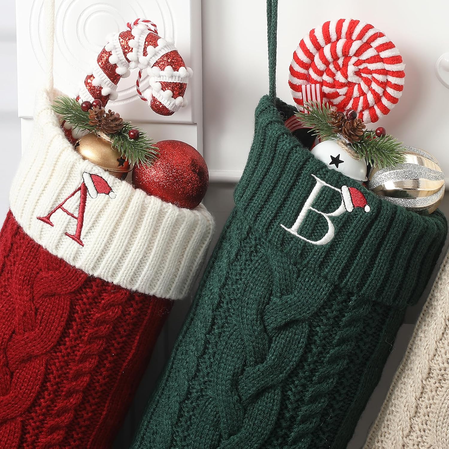 Christmas Stockings with Initials, 18" Large Embroidered Monogram Knit Family Christmas Stocking, Red Xmas Stocking for Kids, Christmas Decoration for Family Fireplace Holiday Party(Letter A)
