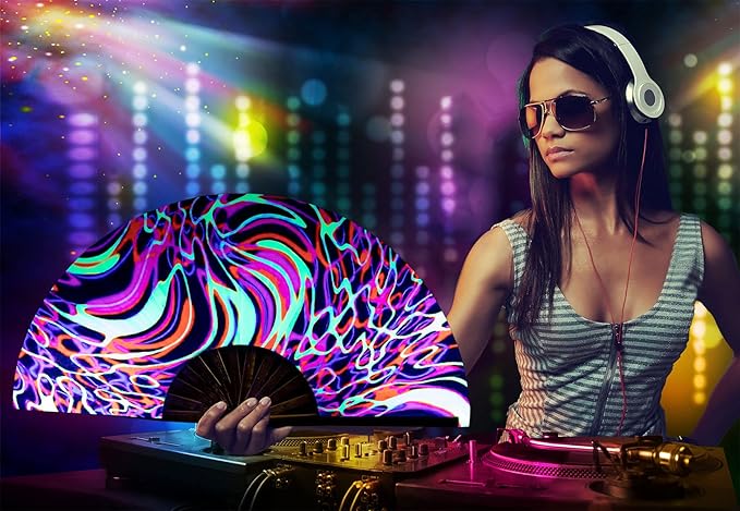 Amajiji Rave Folding Hand Fan Popping Fans for Line Dancing, Large Clacking Fans Clap Fan for Boots On The Ground Dance,Party,Decoration,Festival (Psychedelic Neon)