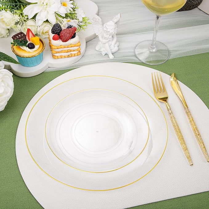 Liacere 150PCS Clear Gold Plastic Plates - Gold Plastic Silverware with Glitter Handle - Clear Disposable Plates Include 30 Guests Plates, Forks, Spoons, Knives for Wedding & Party&Chrismas
