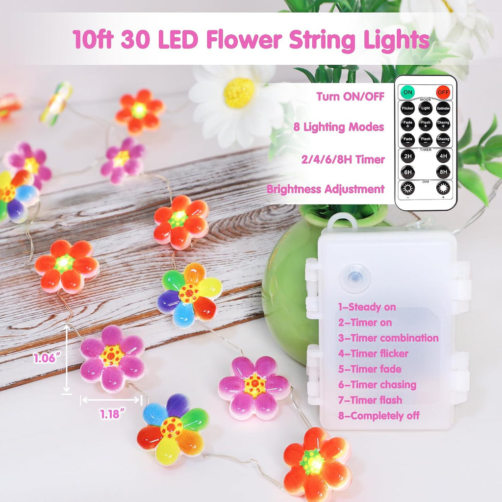 Impress Life Flower Lights 10FT 30LEDs, Floral String Lights with Remote & Timer, Battery Operated & USB Powered Fairy String Lights for Indoor Outdoor Garden Decor Bedroom Wedding Party Decoration