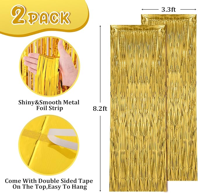 2 Pack Gold Foil Fringe Backdrop Curtains, Tinsel Streamers Birthday Party Decorations, Fringe Backdrop for Graduation, Baby Shower, Gender Reveal, Disco Party