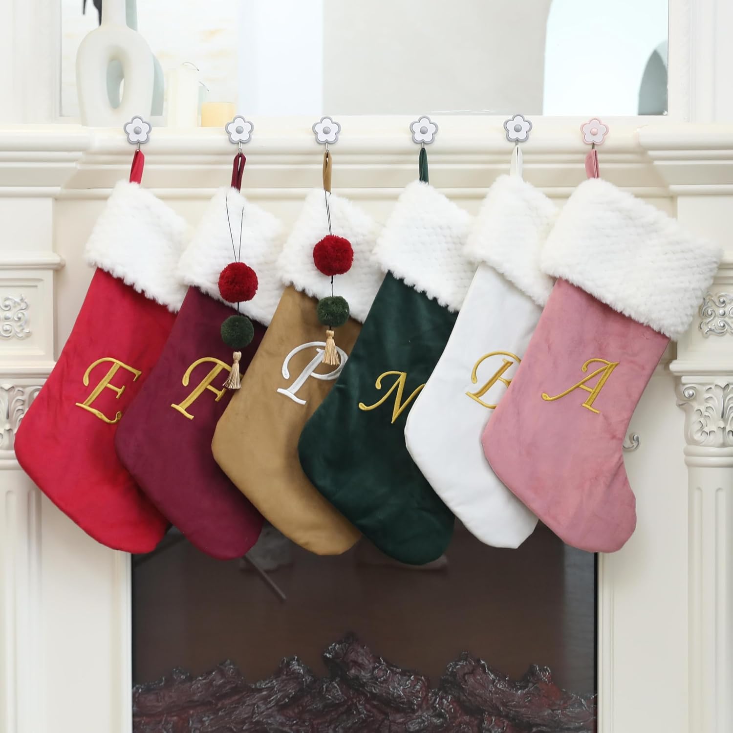 19.5 inches Personalized Velvet Christmas Stocking,Initials Embroidered Letter Christmas Stocking with pom poms, for Fireplace Hanging Decor and Xmas Gift(Green M)