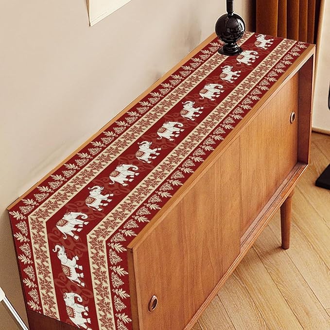 Boho Elephant Table Runner, Vintage Tribal Traditional African Animals Ethnic Folk Red Table Center Decor for Home Kitchen Dining Patio Holiday Party Indoor Outdoor Table Decorations, 13"x108" Inch