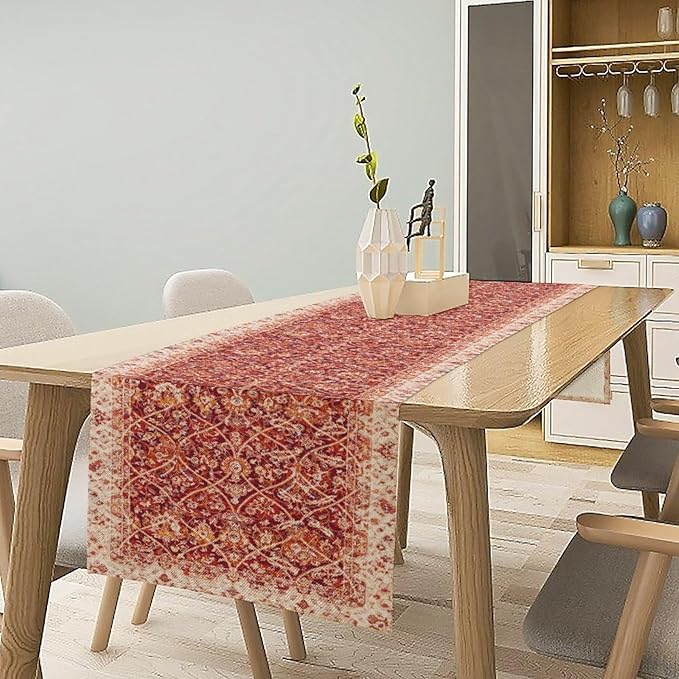 Boho Floral Vintage Table Runner, Retro Red Flower Rustic Country Farmhouse Abstract Pattern for Home Kitchen Table Decor Dining Coffee Room Party Decor 13x36in