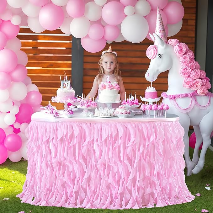 PARTISKY Pink Tulle Curly Willow Table Skirt for Rectangle Table 14ft, Ruffle Tutu Table Cloth for Girls Baby Shower,Birthday Party Candy Cake Tables
