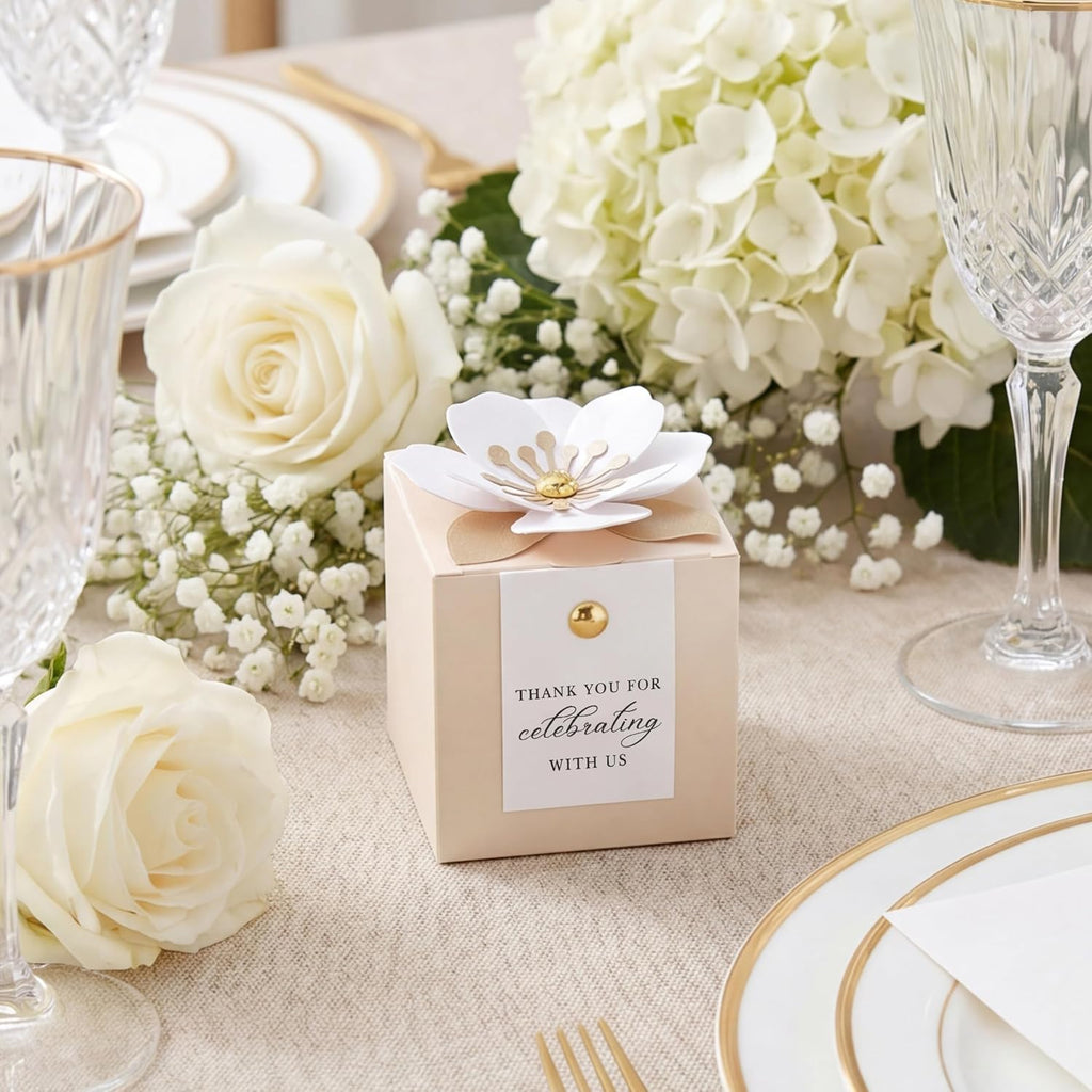 FEIYI 20 PCS Champagne Favor Boxes, 3 In 1 Candy Box with Floral Decor, White Thank You Tags Gift wrapping for Wedding Birthday Baby Shower Decorations Party -2.55x2.55x2.55 inches